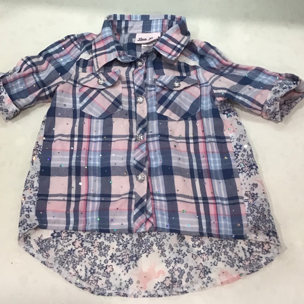 Little Lass Plaid Button-Down Shirt - Blue and Pink floral/ unicorn chiffon back